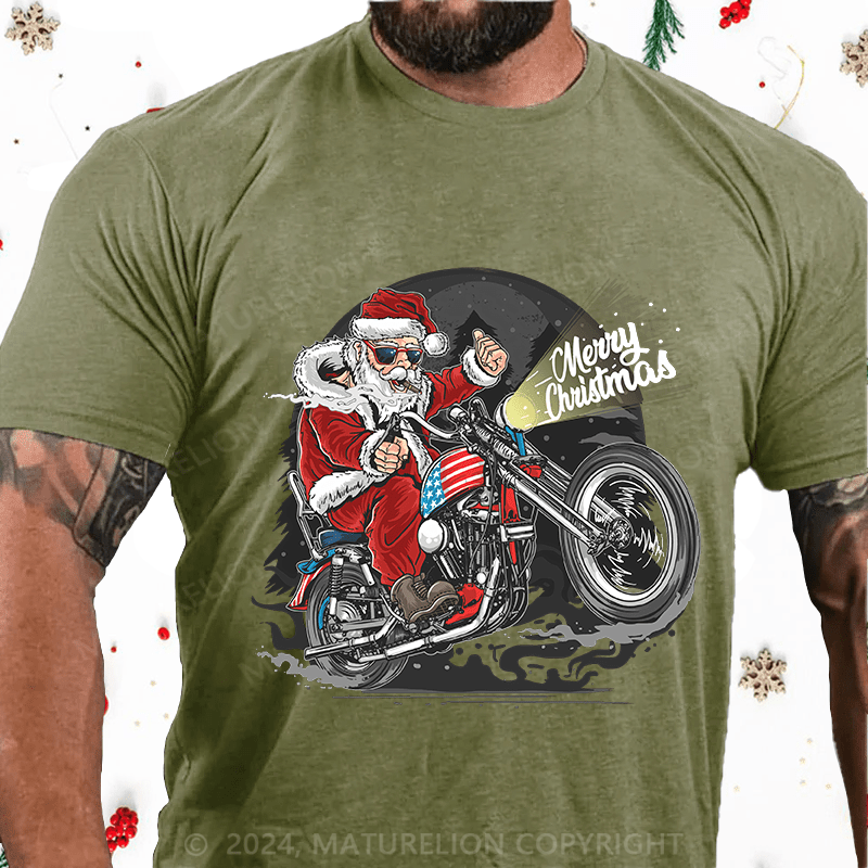 Maturelion Christmas T-Shirt Santa Riding Motorcycle Christmas Cotton T-Shirt