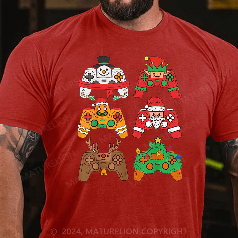 Maturelion Christmas T-Shirt Christmas Santa Elf Gaming Controllers Snowman Boys Kids T-Shirt