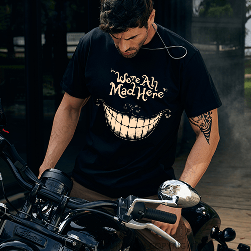 Maturelion Men's T-Shirt We're All Mad Here Mad Hatter Cat Black Basic T-Shirt