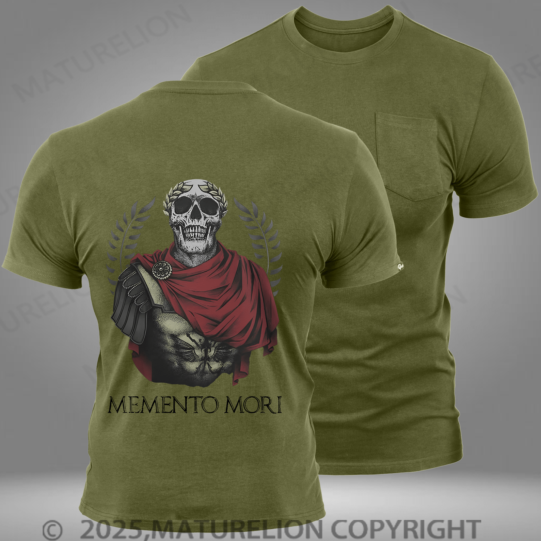 Maturelion Men's T-shirt Skull Roman General Wore Laurels Pocket T-Shirt