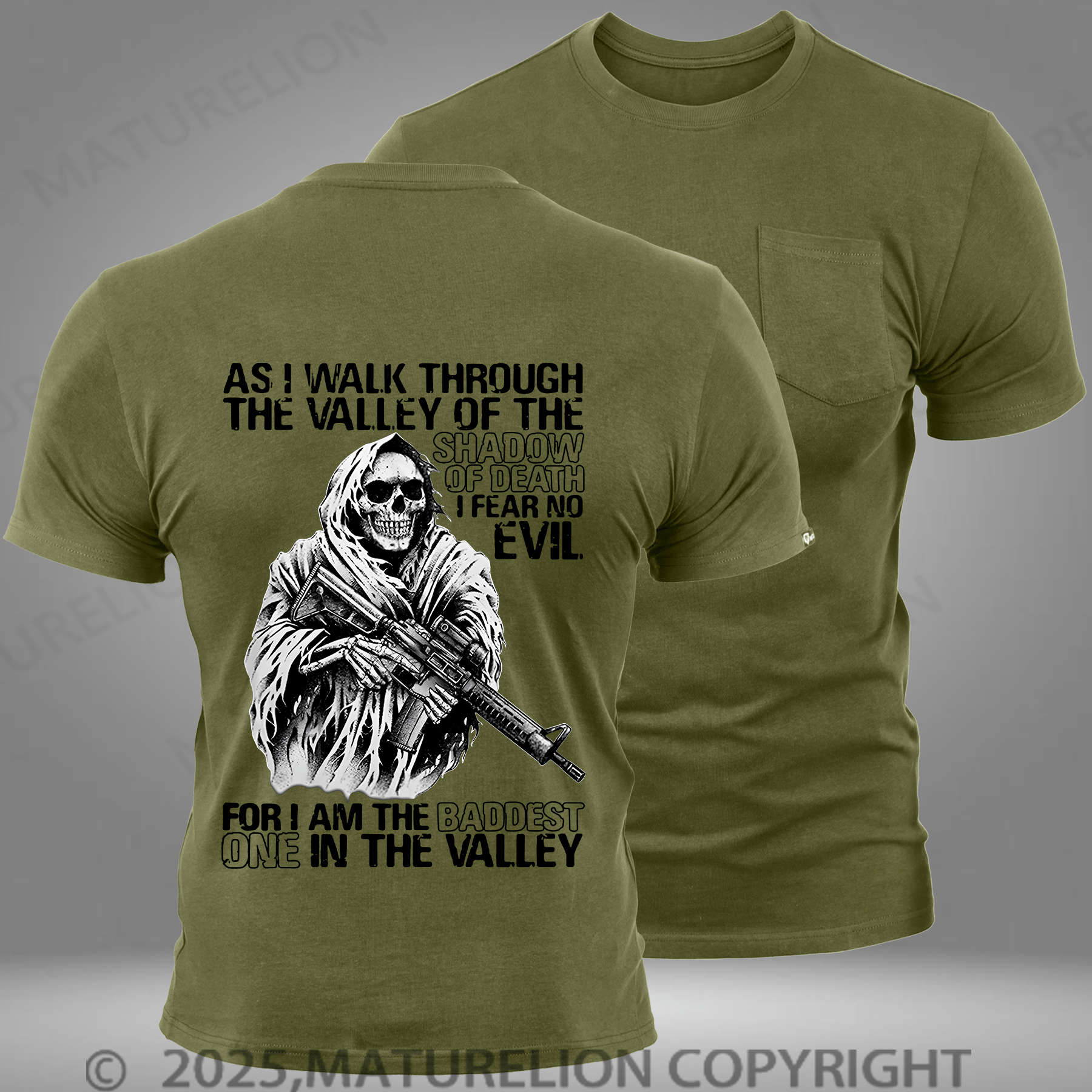 Maturelion Men's T-shirt As I Walk Through The Valley of The Shadow of Death I Fear No Evil Pocket T-Shirt