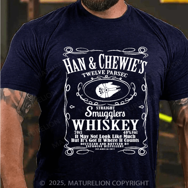 Maturelion Men's T-Shirt Han & Chewie's Twelve Parsec Straight Smugglers Whiskey Galactic T-shirt