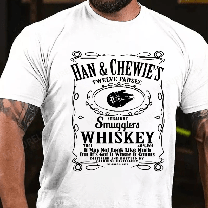 Maturelion Men's T-Shirt Han & Chewie's Twelve Parsec Straight Smugglers Whiskey Galactic T-shirt