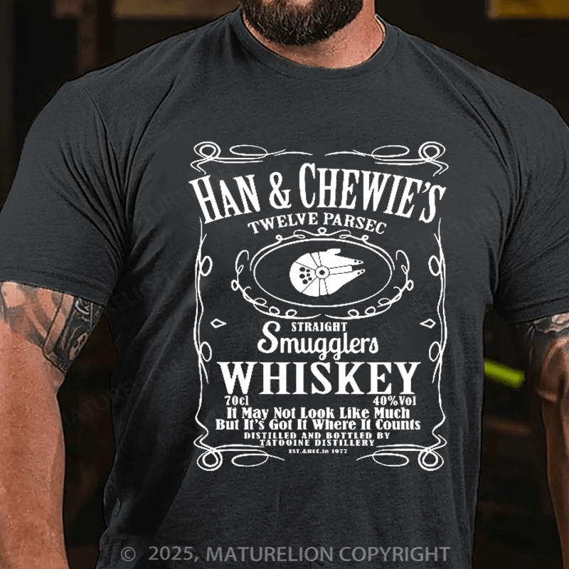 Maturelion Men's T-Shirt Han & Chewie's Twelve Parsec Straight Smugglers Whiskey Galactic T-shirt