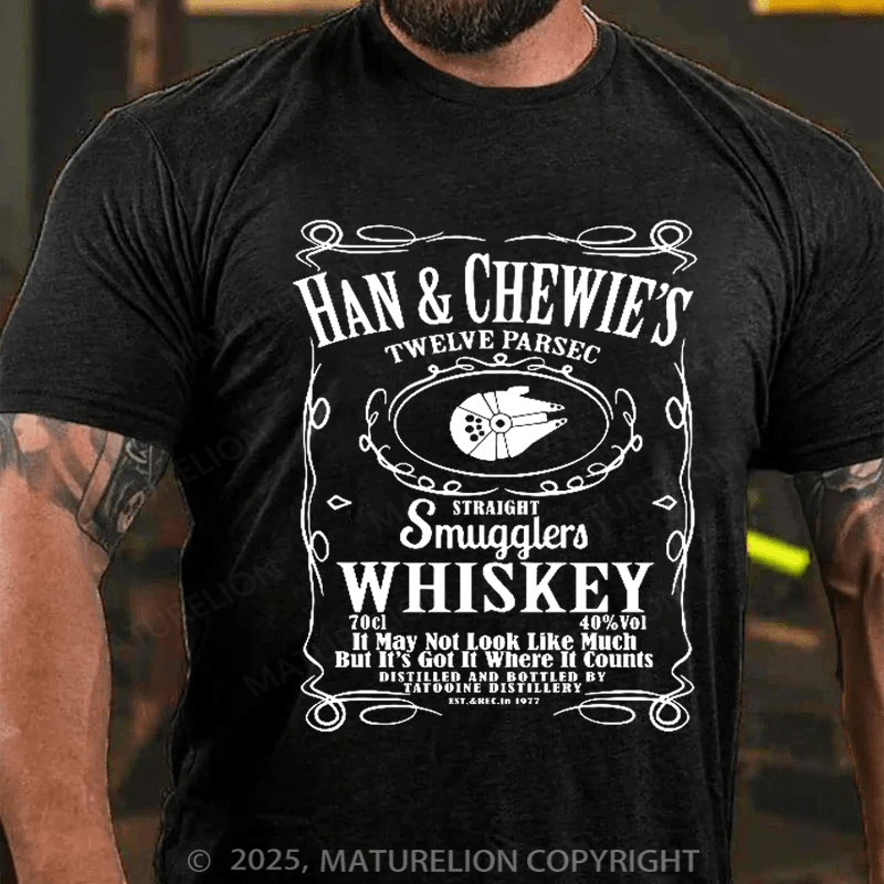 Maturelion Men's T-Shirt Han & Chewie's Twelve Parsec Straight Smugglers Whiskey Galactic T-shirt