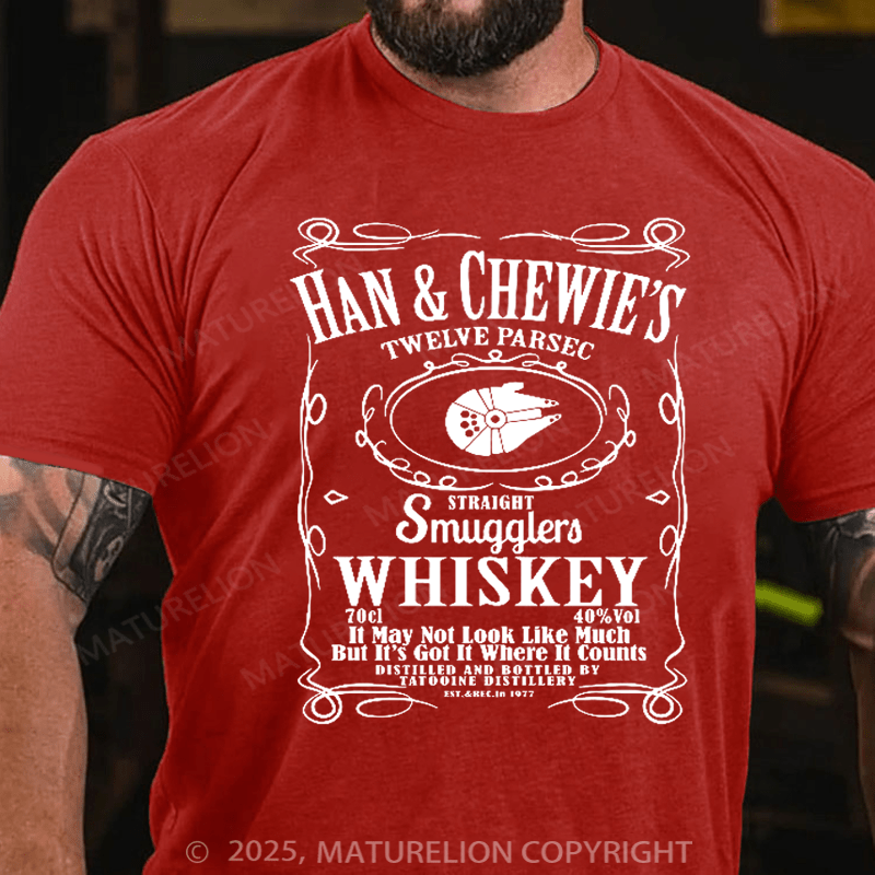 Maturelion Men's T-Shirt Han & Chewie's Twelve Parsec Straight Smugglers Whiskey Galactic T-shirt