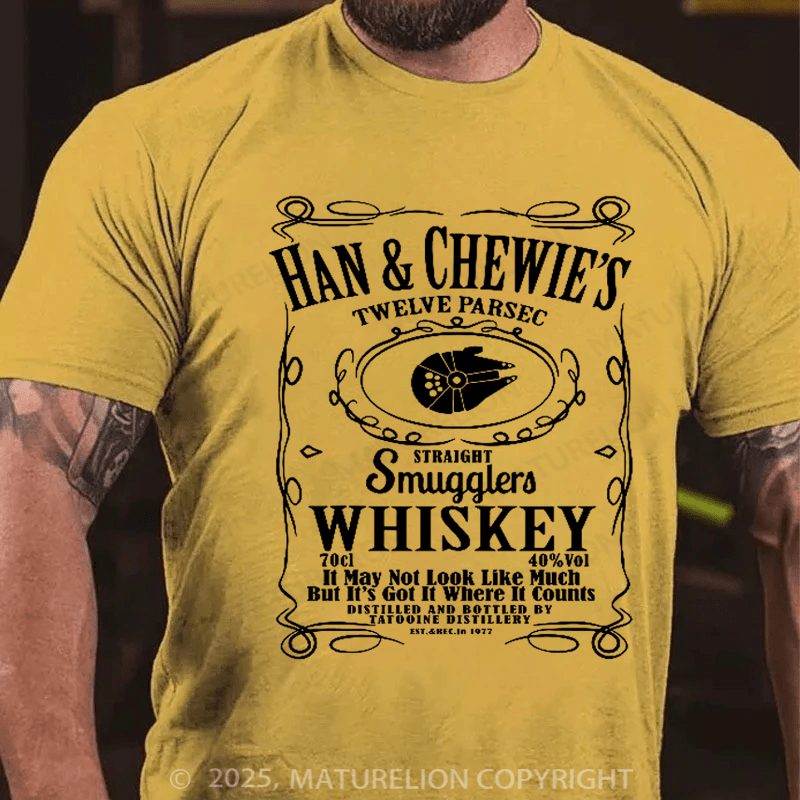 Maturelion Men's T-Shirt Han & Chewie's Twelve Parsec Straight Smugglers Whiskey Galactic T-shirt