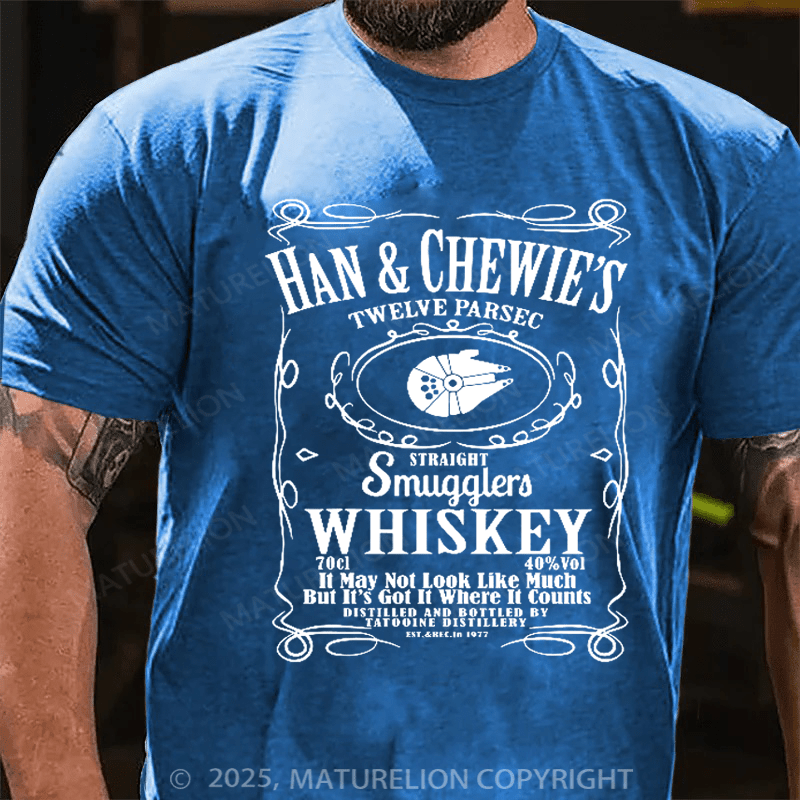 Maturelion Men's T-Shirt Han & Chewie's Twelve Parsec Straight Smugglers Whiskey Galactic T-shirt