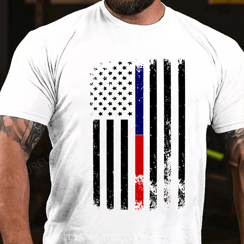 Maturelion Men's T-shirt American Flag Thin Blue Cotton T-shirt
