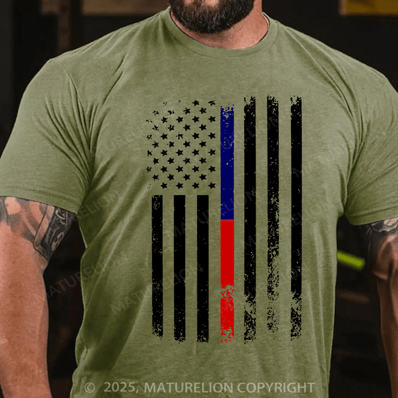 Maturelion Men's T-shirt American Flag Thin Blue Cotton T-shirt