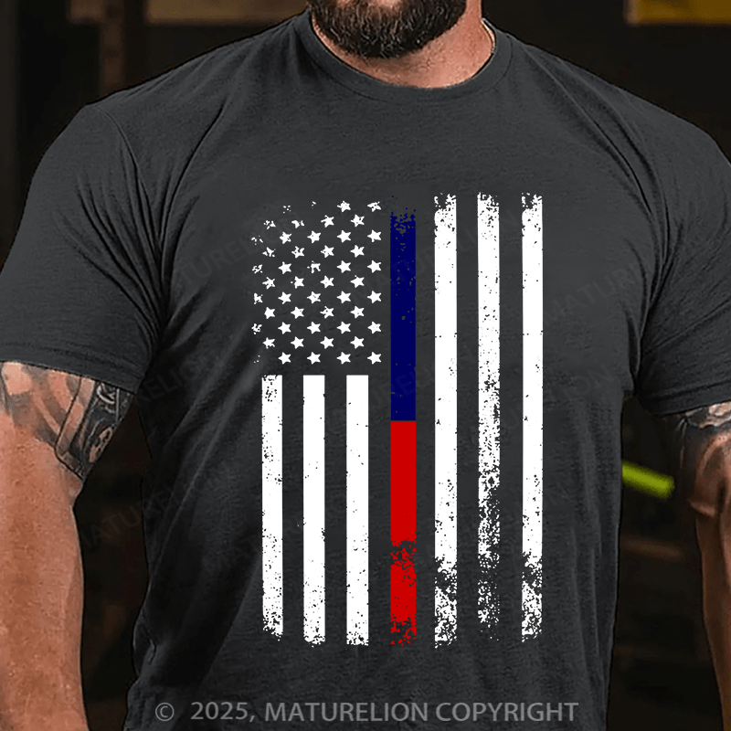 Maturelion Men's T-shirt American Flag Thin Blue Cotton T-shirt