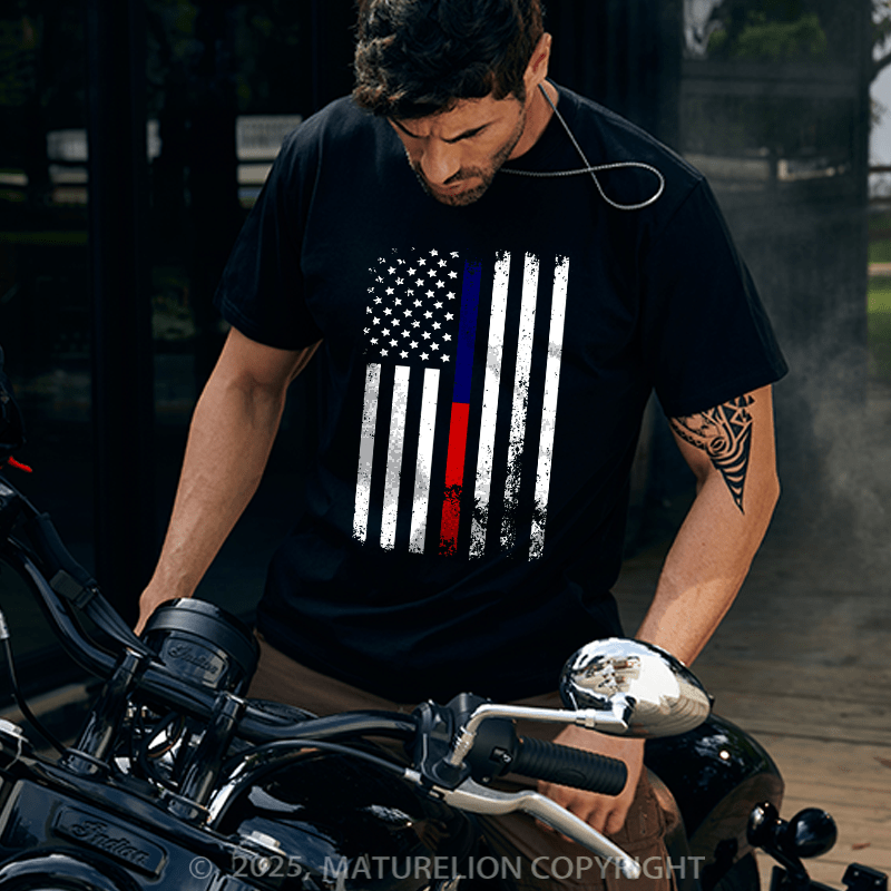 Maturelion Men's T-shirt American Flag Thin Blue Cotton T-shirt
