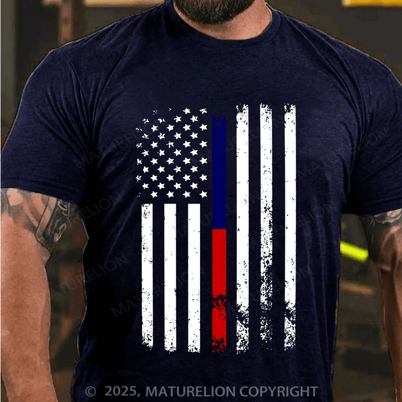 Maturelion Men's T-shirt American Flag Thin Blue Cotton T-shirt
