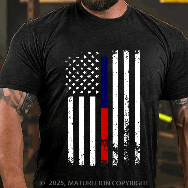 Maturelion Men's T-shirt American Flag Thin Blue Cotton T-shirt