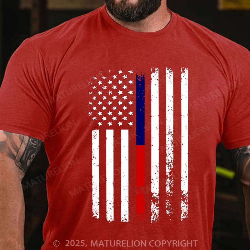 Maturelion Men's T-shirt American Flag Thin Blue Cotton T-shirt