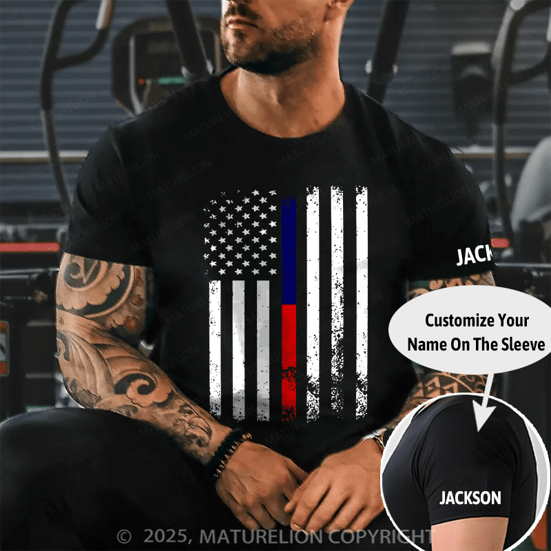 Maturelion Men's T-shirt American Flag Thin Blue Cotton T-shirt