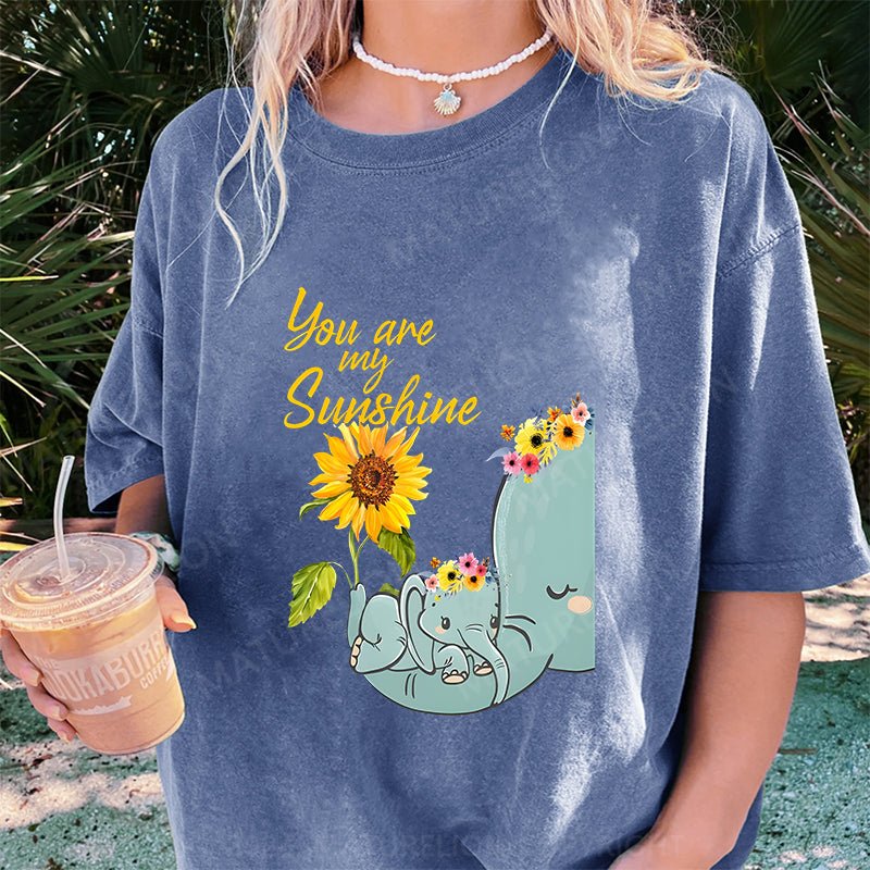 Maturelion You Are My Sunshine Hippie Sunflower Elephant DTG Printing Washed Cotton T-Shirt