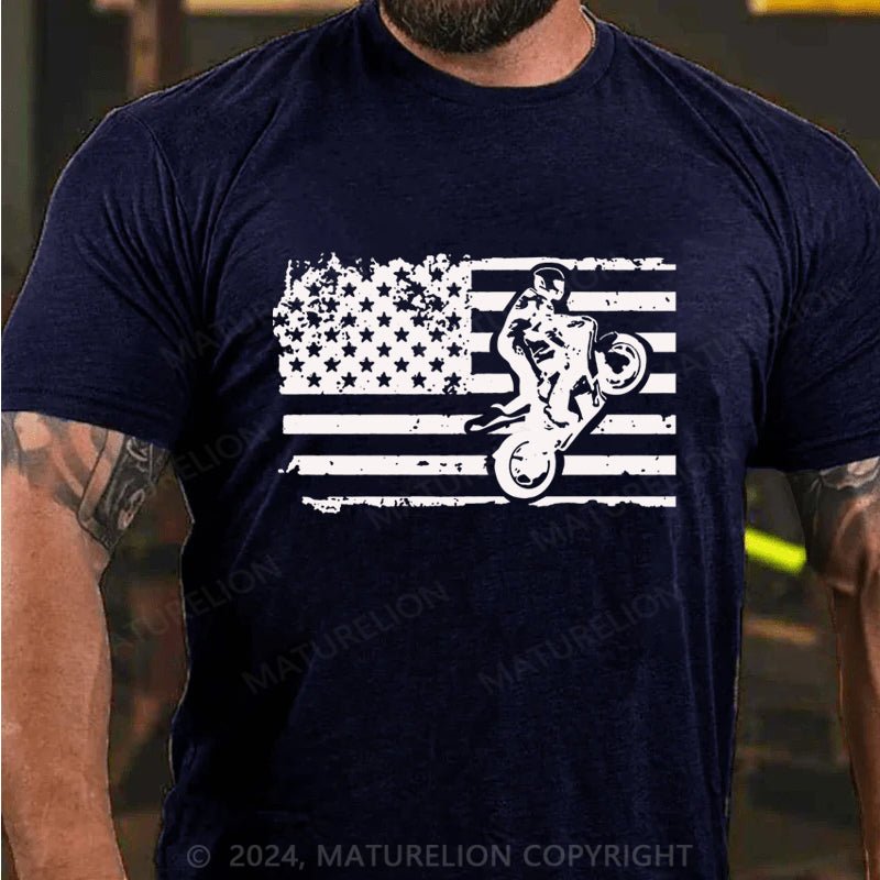 Maturelion Dirt Bike American Flag Cotton T-shirt