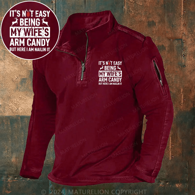Maturelion Christmas Henley Shirt It's Not Easy Being My Wife's Arm Candy But Here I'm Nailing It Cotton Henley Shirt