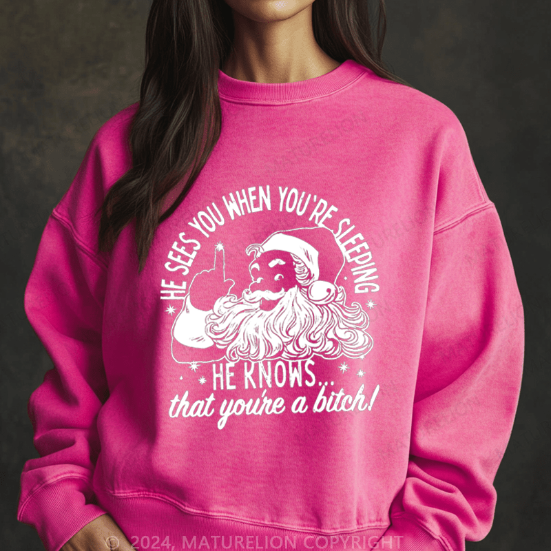 Maturelion Christmas Sweatshirt He Sees You When You're Sleeping He Knows That You're A Bitch Women Sweatshirt