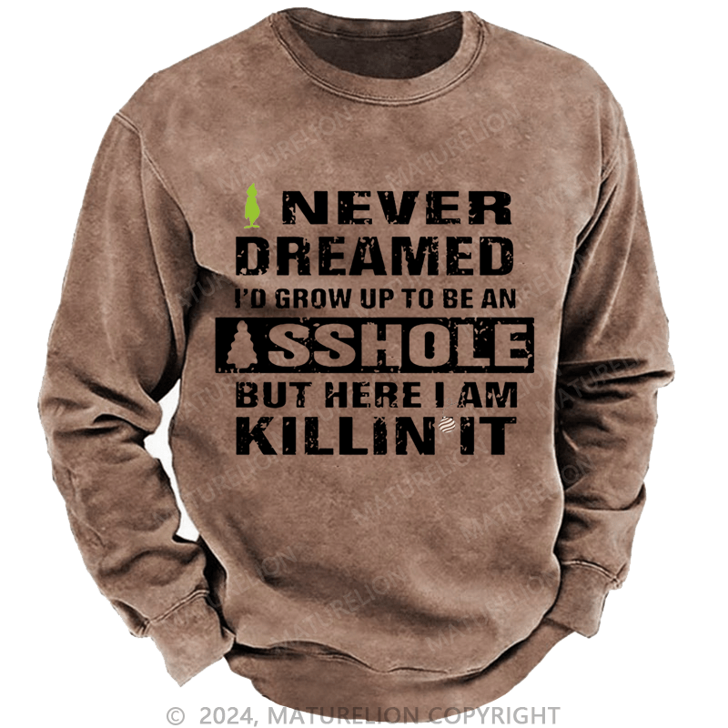 Maturelion Christmas Sweatshirt I Never Dreamed I'd Grow Up To Be An Asshole But Here I'm Killin' It Custom Washed Sweatshirt