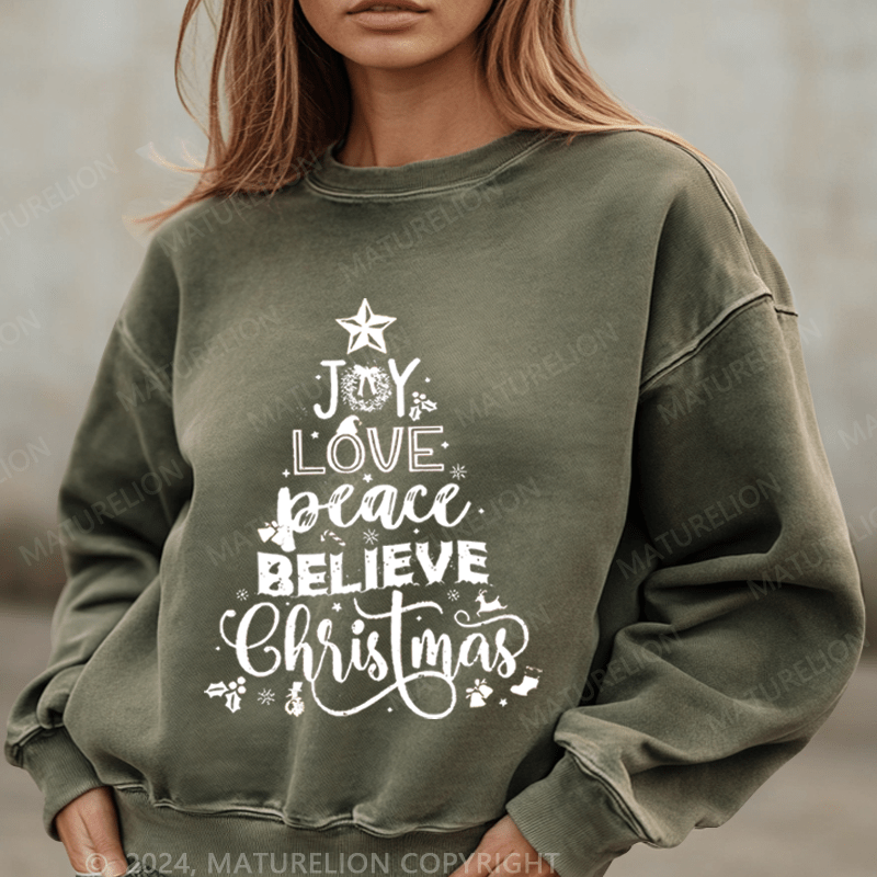 Maturelion Christmas Sweatshirt Joy Love Peace Believe Christmas Women Sweatshirt