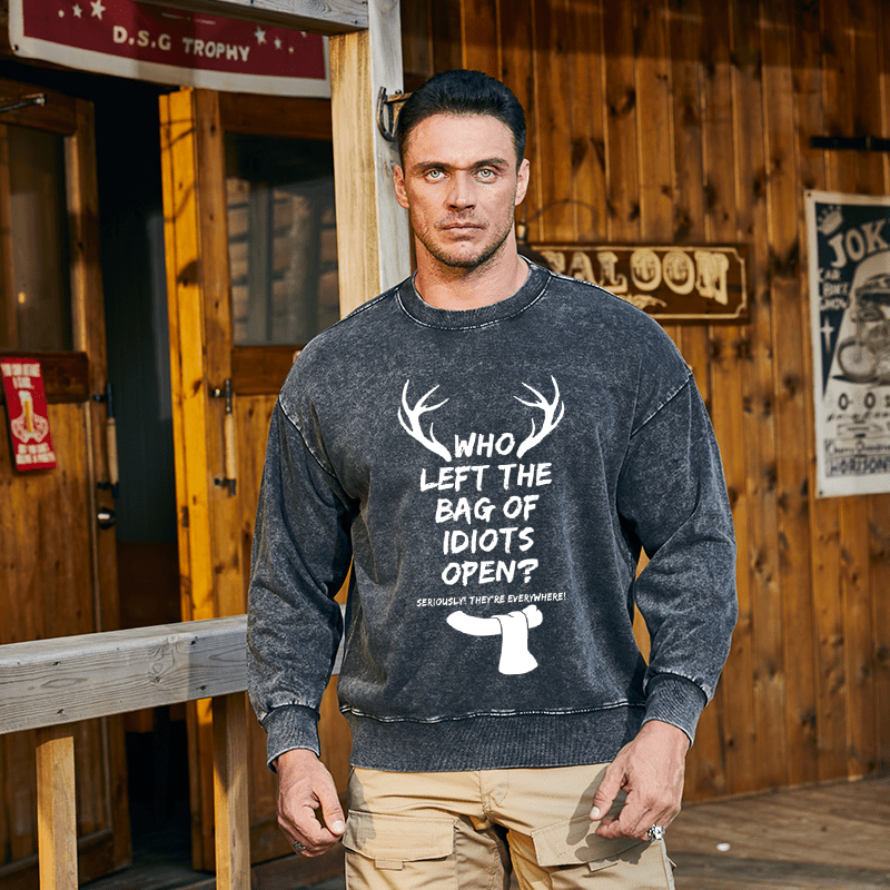 Maturelion Christmas Sweatshirt Men's Who Left The Bag Of Idiots Open Custom Washed Sweatshirt