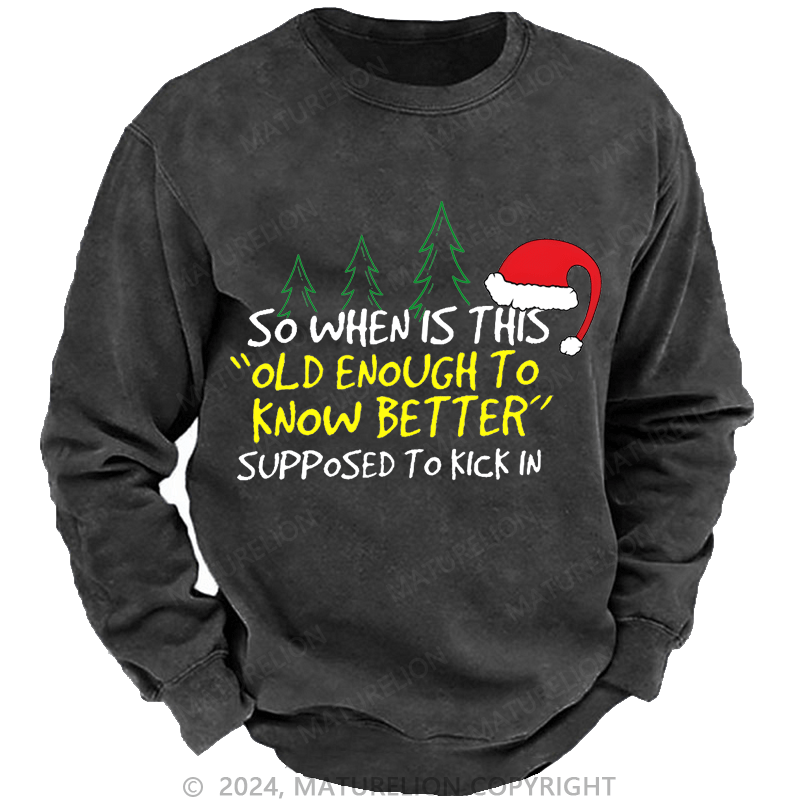Maturelion Christmas Sweatshirt So When Is This Old Enough To Know Better Supposed To Kick In Custom Washed Sweatshirt