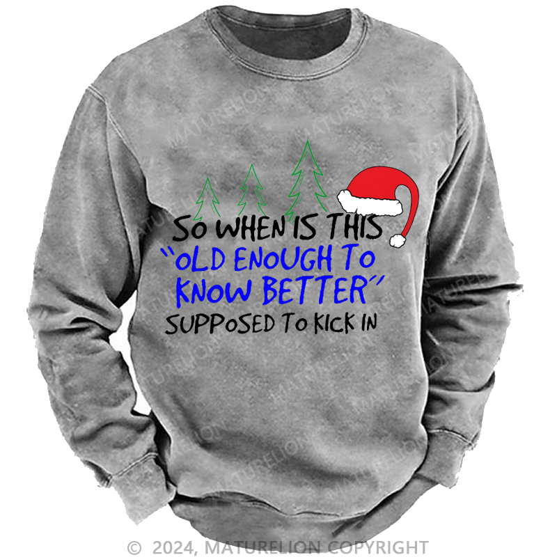 Maturelion Christmas Sweatshirt So When Is This Old Enough To Know Better Supposed To Kick In Custom Washed Sweatshirt