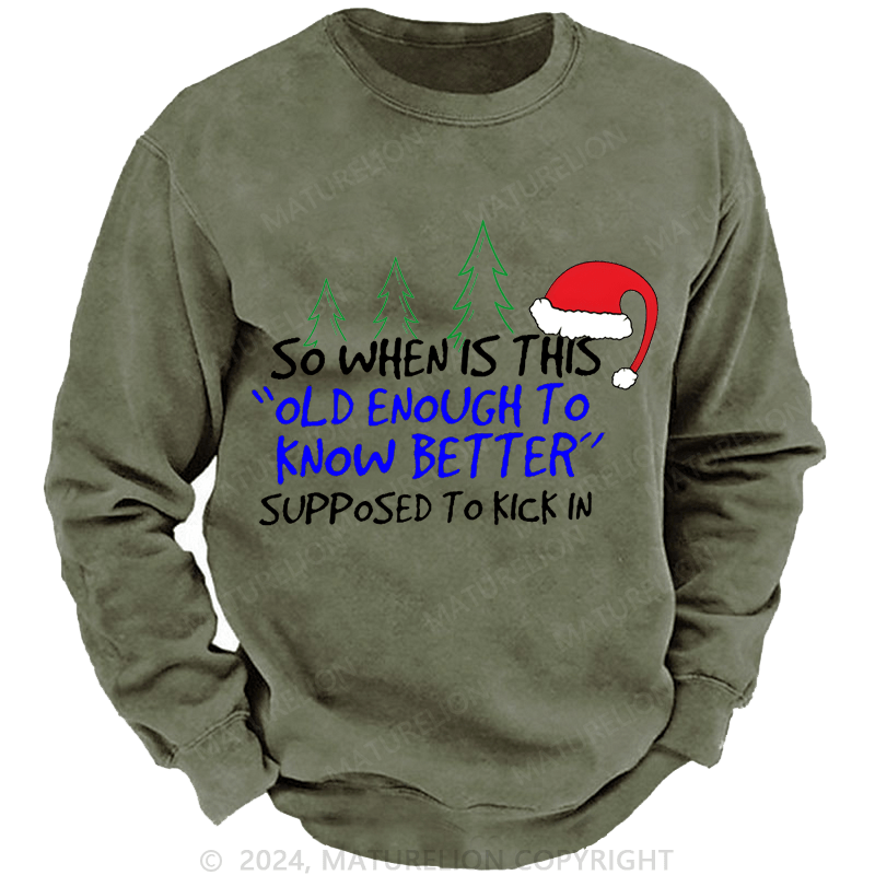 Maturelion Christmas Sweatshirt So When Is This Old Enough To Know Better Supposed To Kick In Custom Washed Sweatshirt