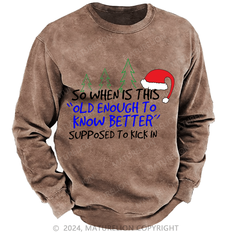Maturelion Christmas Sweatshirt So When Is This Old Enough To Know Better Supposed To Kick In Custom Washed Sweatshirt