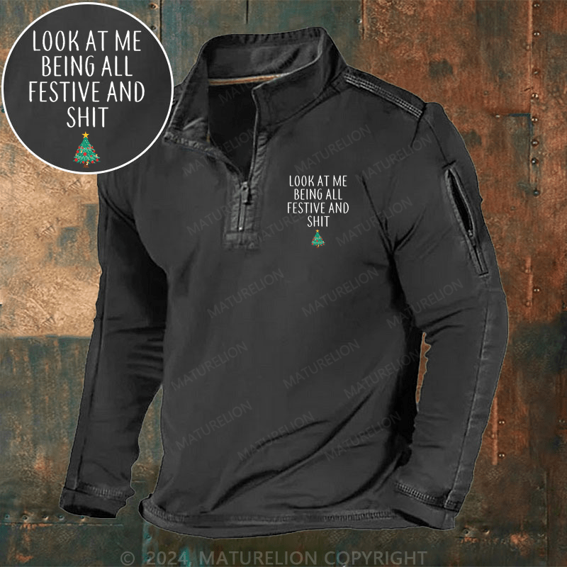 Maturelion Men's Henley Shirt Look At Me Being All Festive And Shit Funny Christmas Henley Shirt