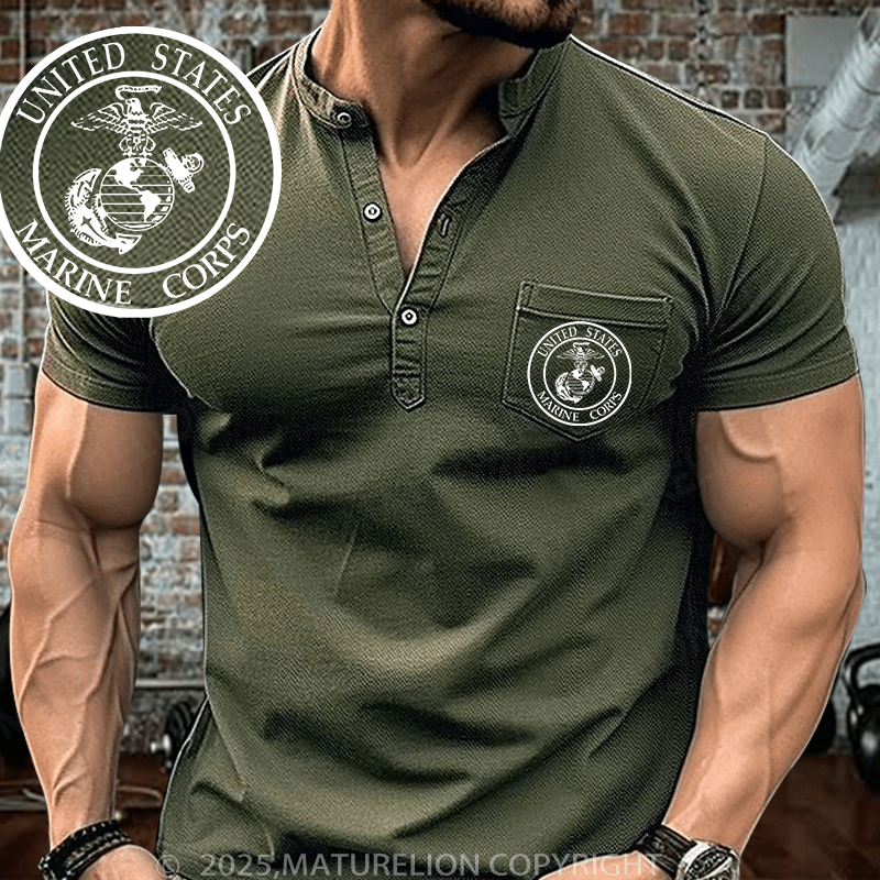 Maturelion Men's Henley Shirt United States Marine Corps Short Sleeve Henley Shirt