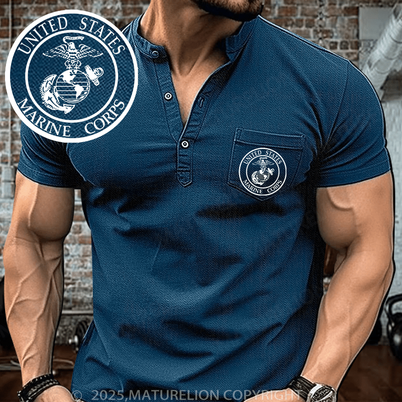 Maturelion Men's Henley Shirt United States Marine Corps Short Sleeve Henley Shirt