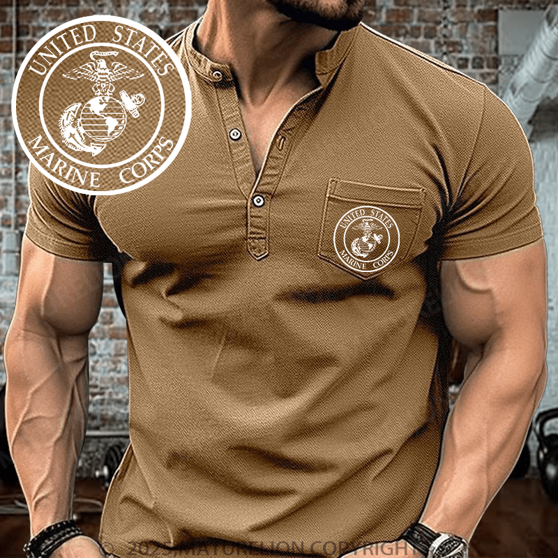 Maturelion Men's Henley Shirt United States Marine Corps Short Sleeve Henley Shirt