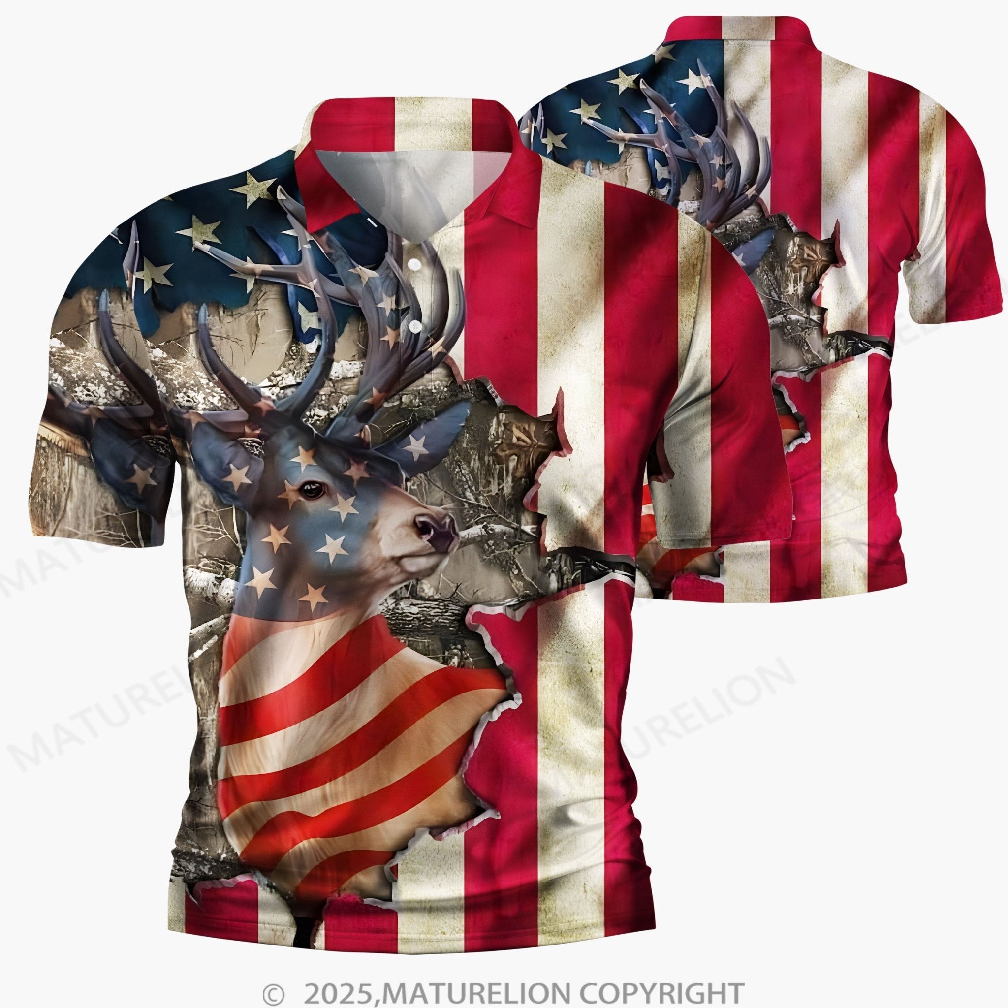 Maturelion Men's Polo Shirt Vintage V-Neck Usa Flag Polo Shirt