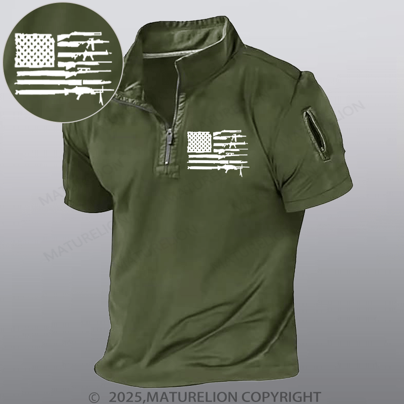 Maturelion Men's Short Sleeved Henley Shirt American Gun Flag Henley Shirt