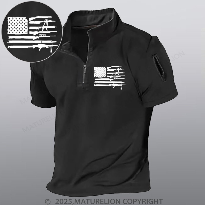 Maturelion Men's Short Sleeved Henley Shirt American Gun Flag Henley Shirt