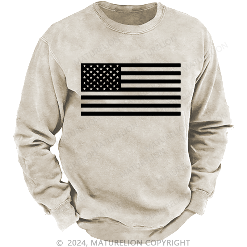 Maturelion Men's Sweatshirt Classic American Flag Print For Men Custom Washed Sweatshirt