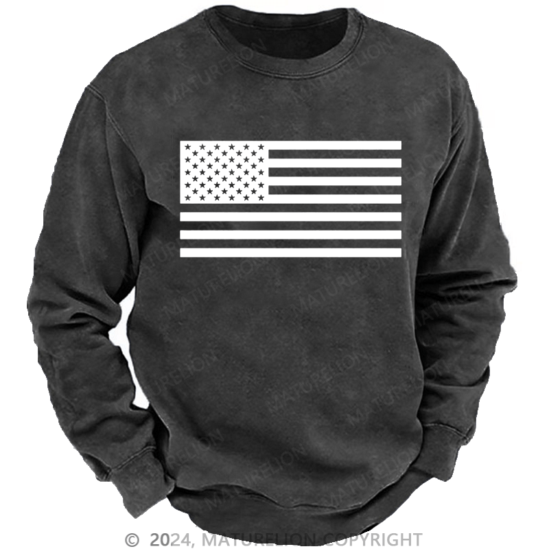 Maturelion Men's Sweatshirt Classic American Flag Print For Men Custom Washed Sweatshirt