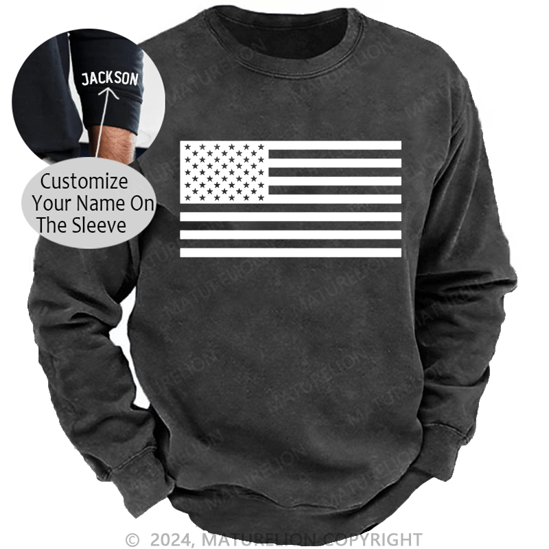 Maturelion Men's Sweatshirt Classic American Flag Print For Men Custom Washed Sweatshirt