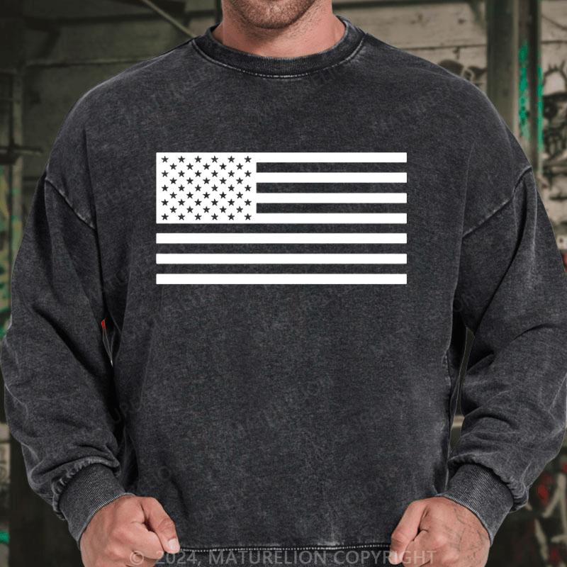 Maturelion Men's Sweatshirt Classic American Flag Print For Men Custom Washed Sweatshirt