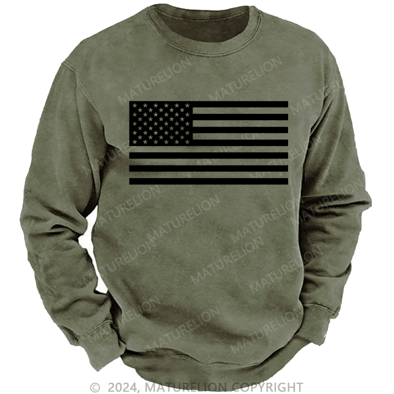 Maturelion Men's Sweatshirt Classic American Flag Print For Men Custom Washed Sweatshirt
