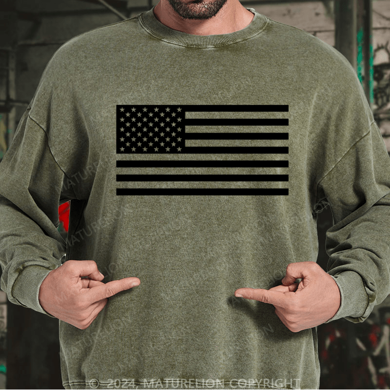 Maturelion Men's Sweatshirt Classic American Flag Print For Men Custom Washed Sweatshirt