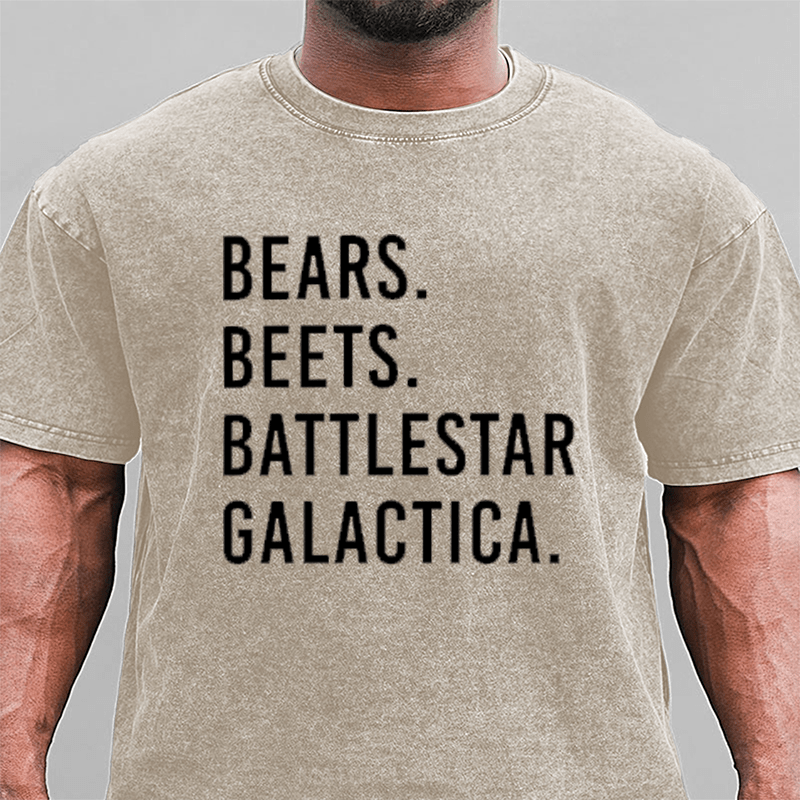 Maturelion Bears Beets Battlestar Galactica DTG Printing Washed Cotton T-Shirt