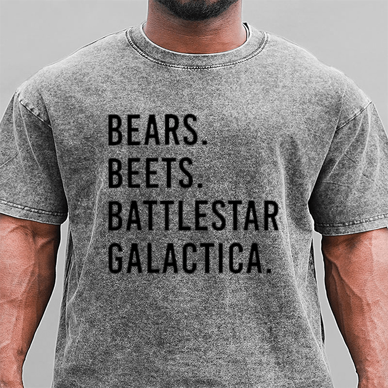 Maturelion Bears Beets Battlestar Galactica DTG Printing Washed Cotton T-Shirt