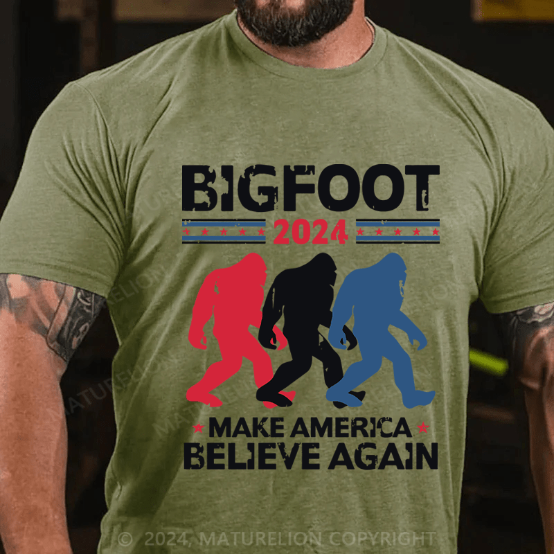 Maturelion Bigfoot 2024 Make America Believe Again Cotton T-Shirt (Free Customization)