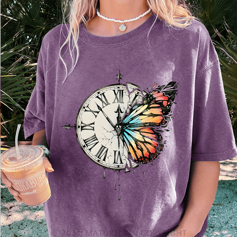 Maturelion Butterfly Clock Art DTG Printing Washed T-Shirt
