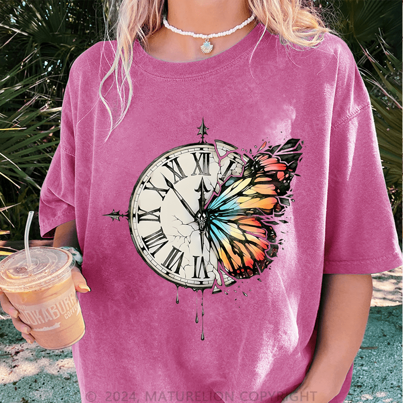 Maturelion Butterfly Clock Art DTG Printing Washed T-Shirt