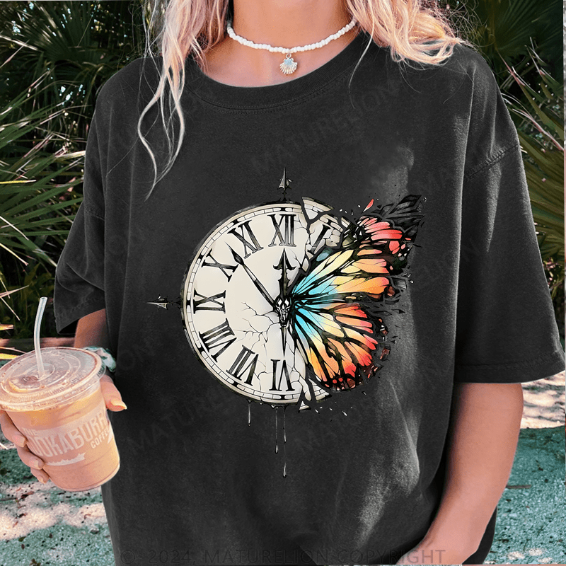 Maturelion Butterfly Clock Art DTG Printing Washed T-Shirt